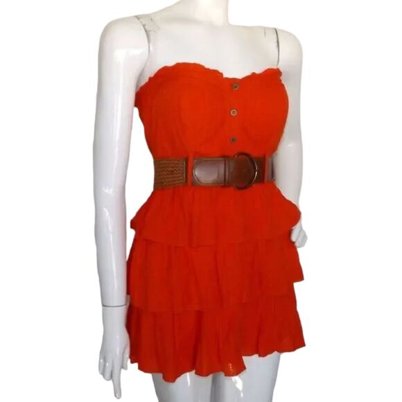 new 2B BEBE Mini Dress, S, Orange, Belt, Strapless, Ruffle/Tier Skirt, Side Zip - Picture 3 of 15